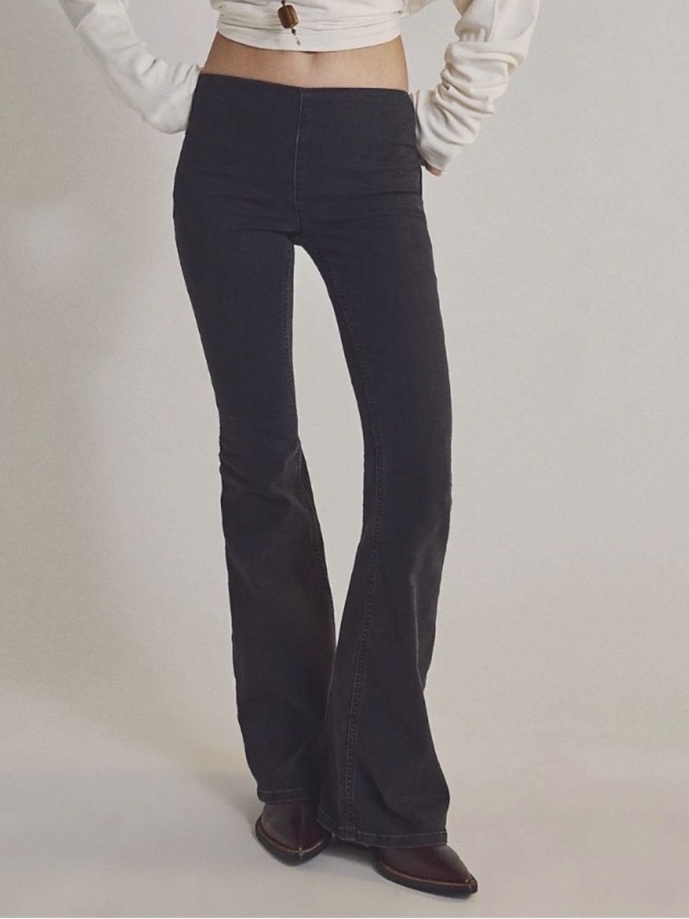 FREE PEOPLE Penny Pull-On Flare Jeans in Black